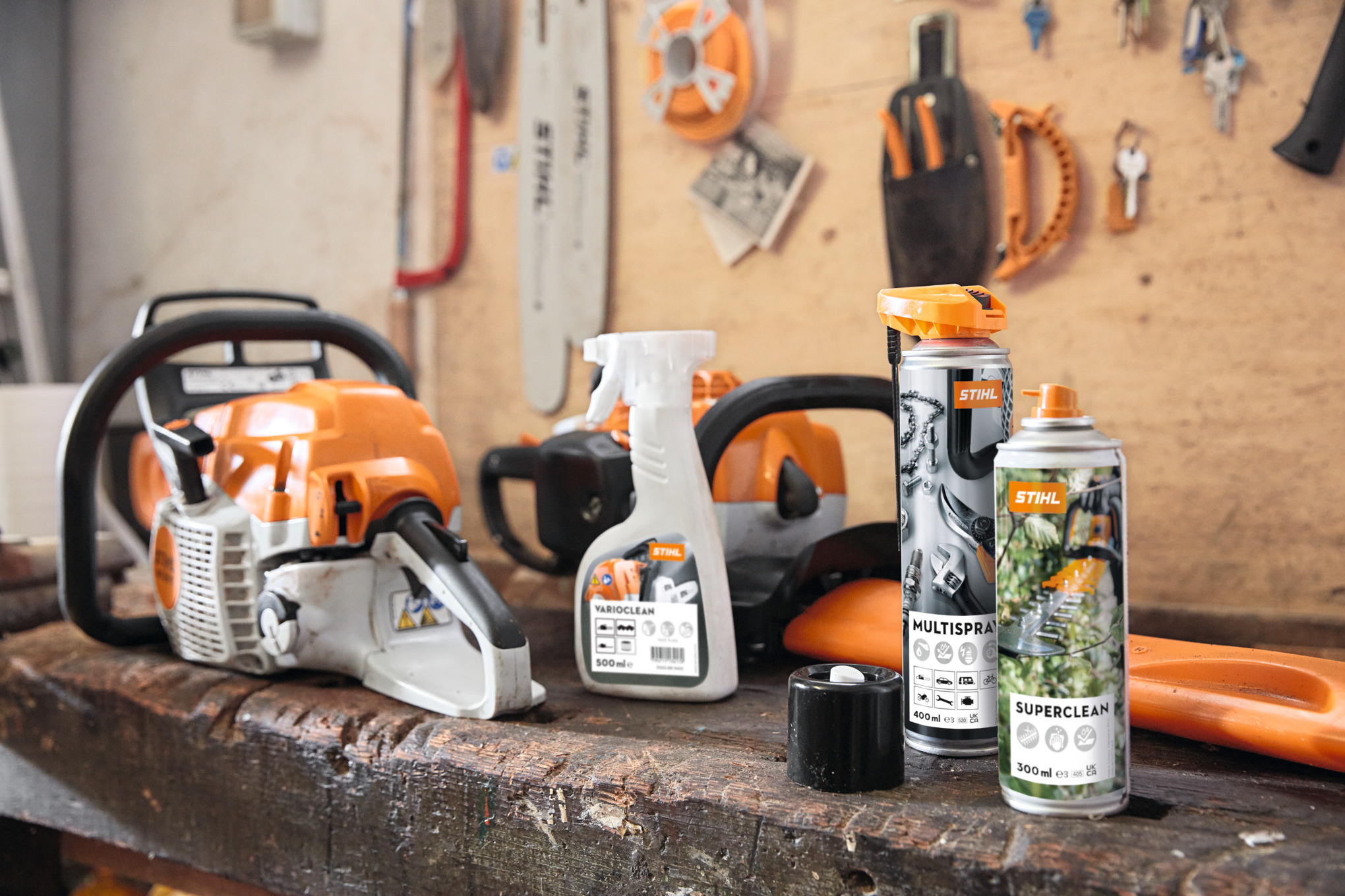 STIHL cleaning agent on a workbench in a workshop