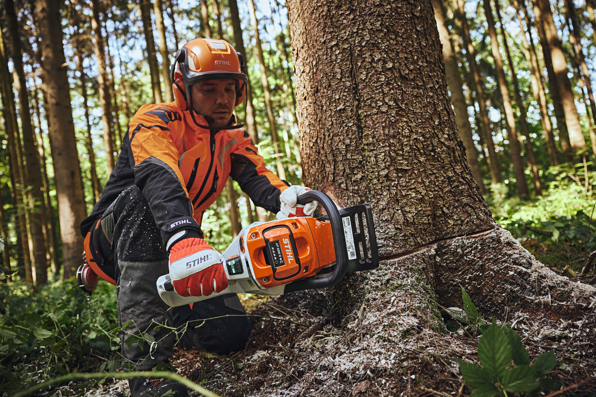 Muž v ochranných pomůckách STIHL rozřezává kmen stromu