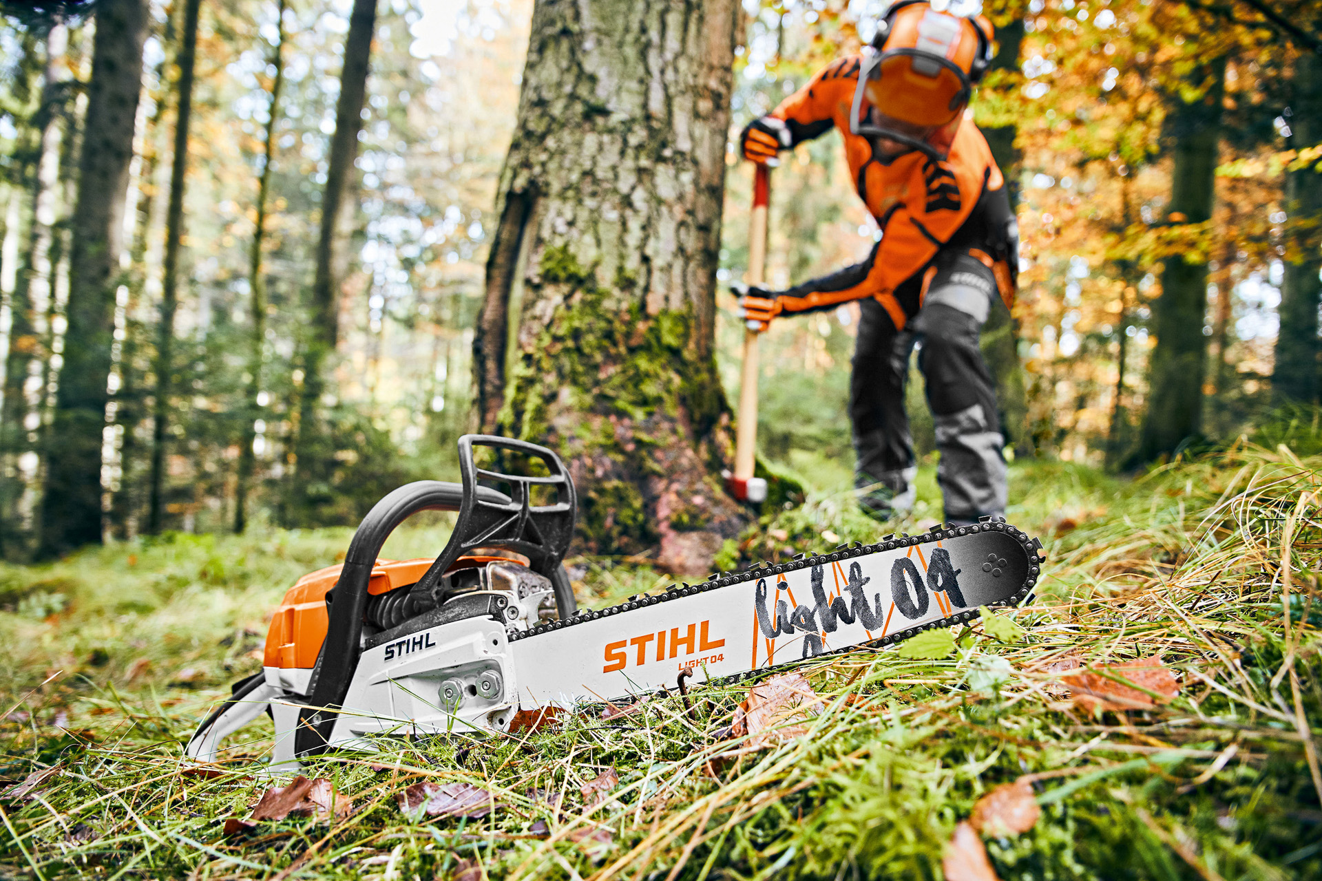 Muž v ochranných pomůckách v lese s benzínovou motorovou pilou STIHL MS 261 C-M s vodicí lištou Light 04 v popředí.