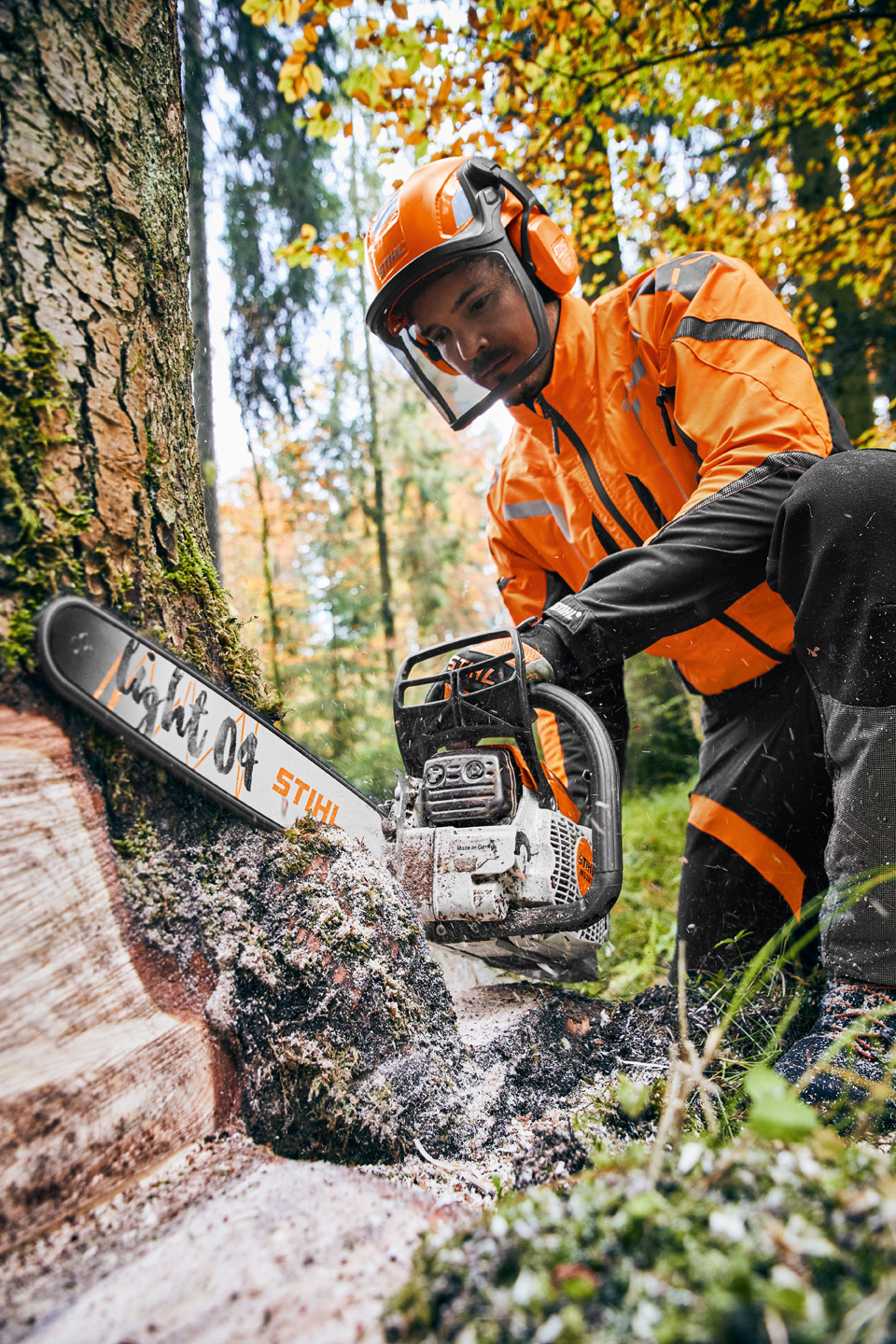 Muž řeže strom benzínovou motorovou pilou STIHL MS 261 C-M s vodicí lištou Light 04.