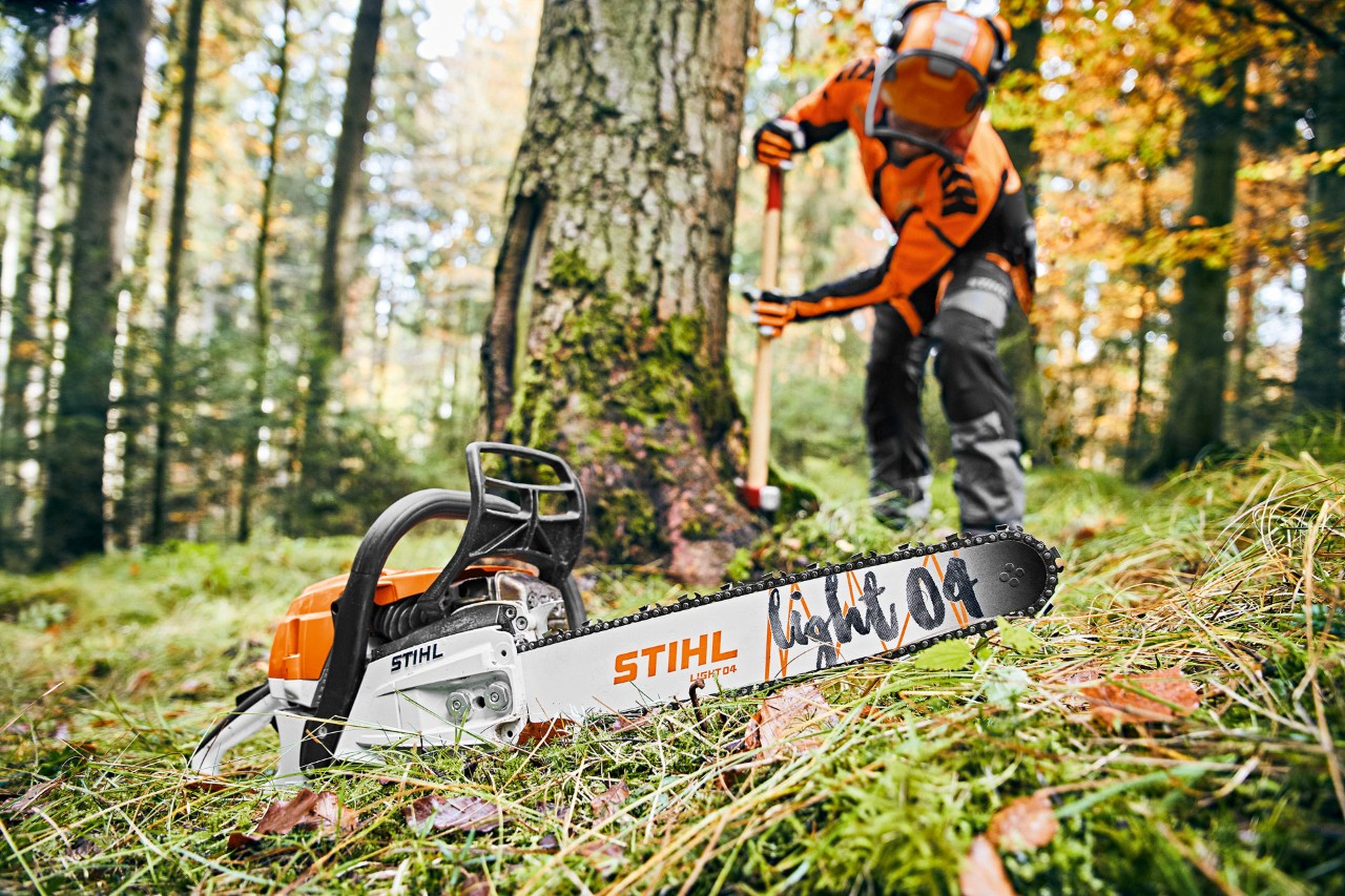 Man in protective equipment in the forest, in the foreground STIHL MS 261 C-M petrol chainsaw with Light 04 guide bar