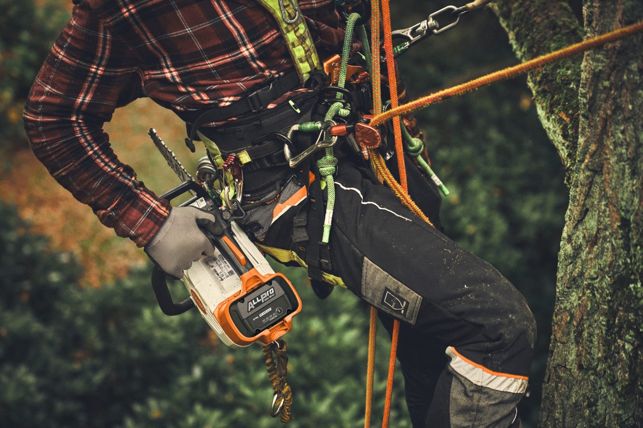 Detailní záběr osoby šplhající na strom s akumulátorovou motorovou pilou STIHL MSA 190 T.
