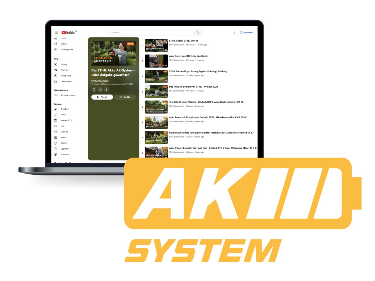 Logo AK systému STIHL ve formě žluté ikony akumulátoru, v pozadí notebook