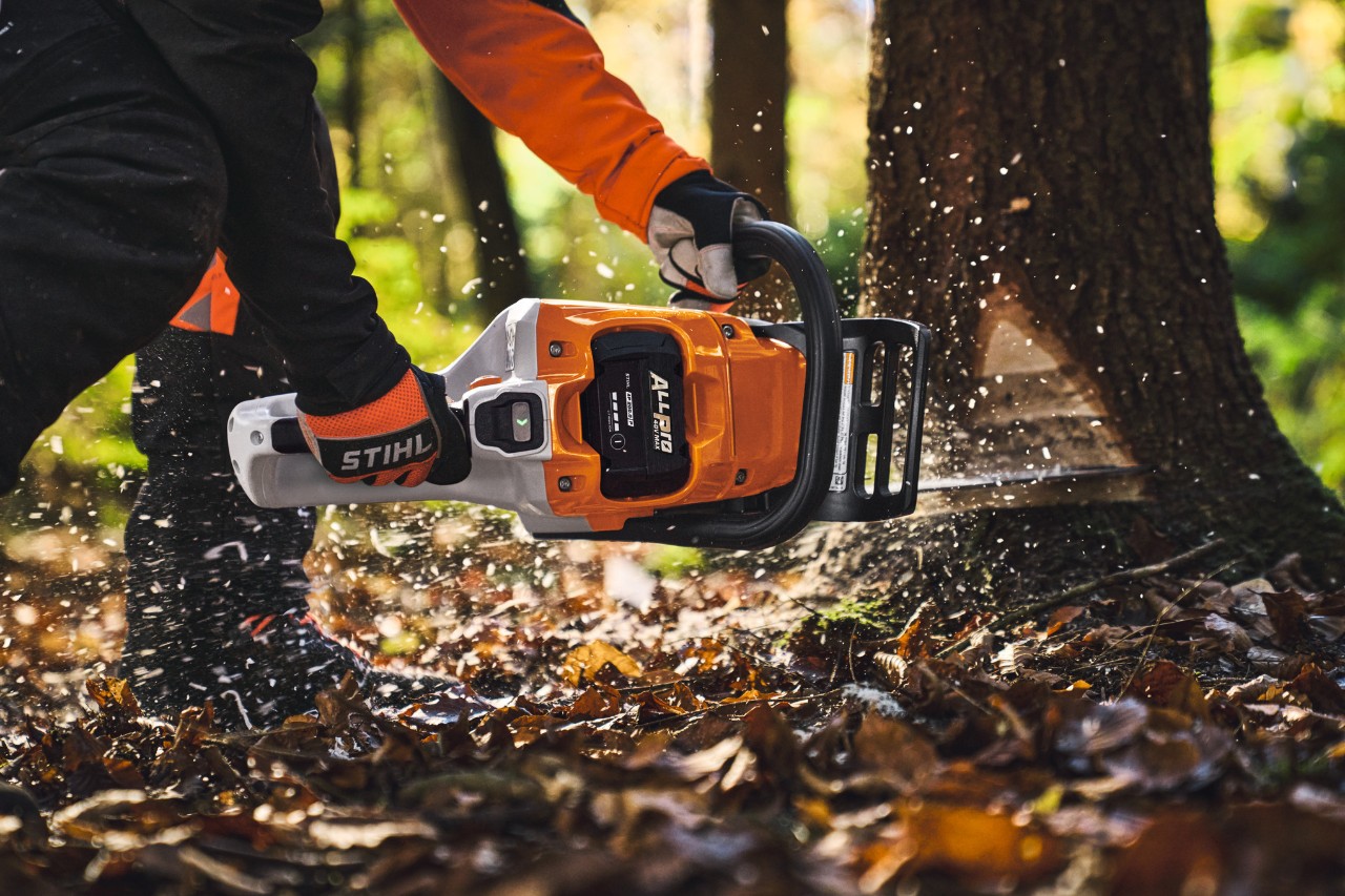 Profesionální dřevorubkyně kácí stromy v lese pomocí akumulátorové motorové pily STIHL MSA260